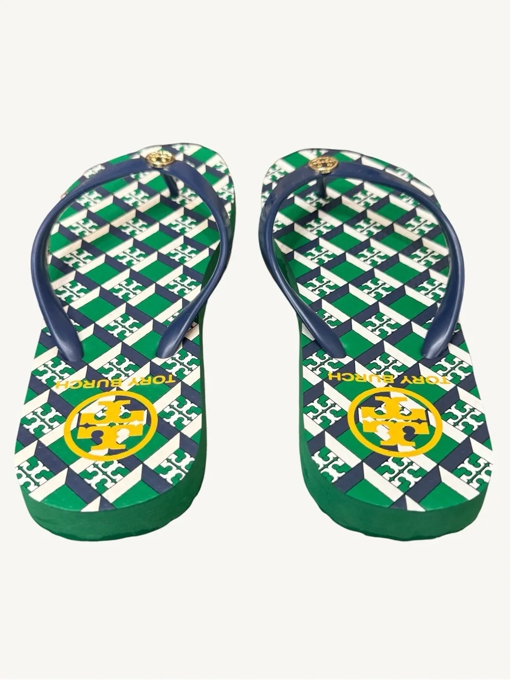 Tory Burch Green, Navy & White Check Logo Flip Flops Size 5 NWOT